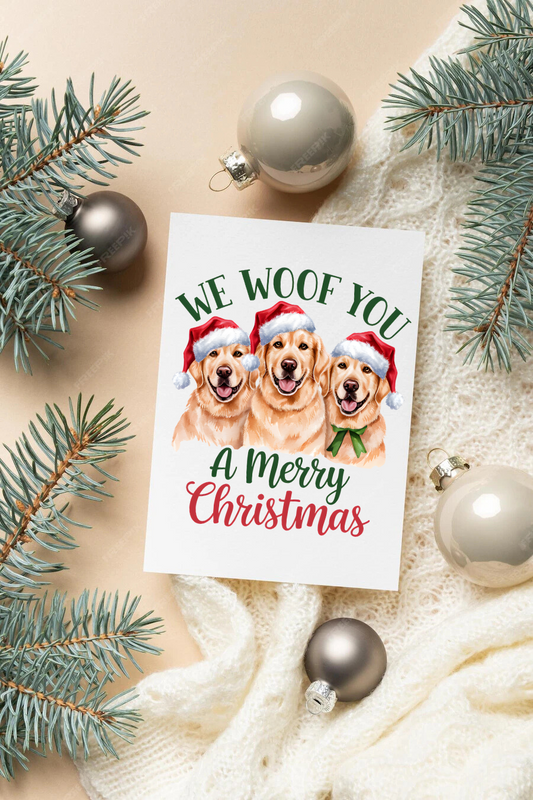 We woof you a merry Christmas golden retriever card