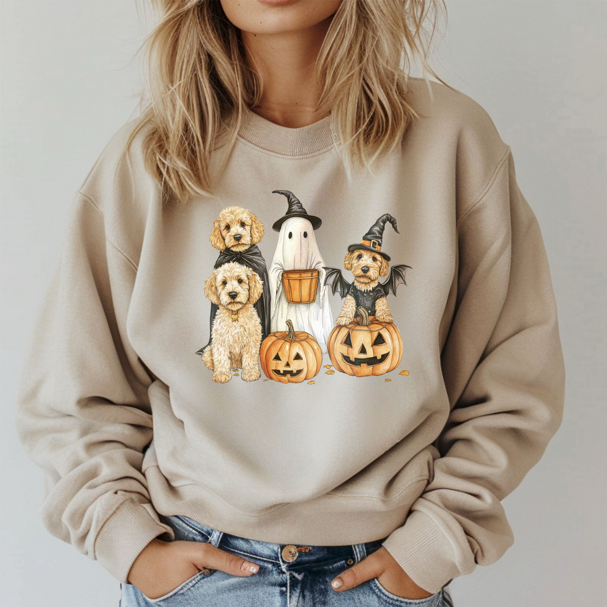 Spooky Doodle sweatshirt featuring playful doodle dogs and pumpkins for Halloween celebrations.