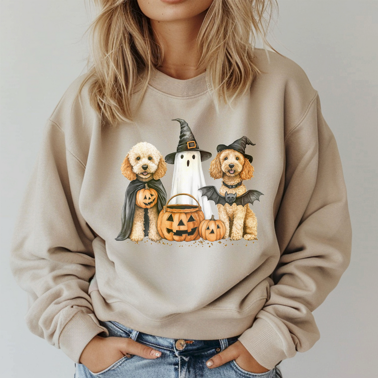 Spooky Doodle Sweatshirt featuring playful doodle dogs in Halloween costumes with pumpkins.