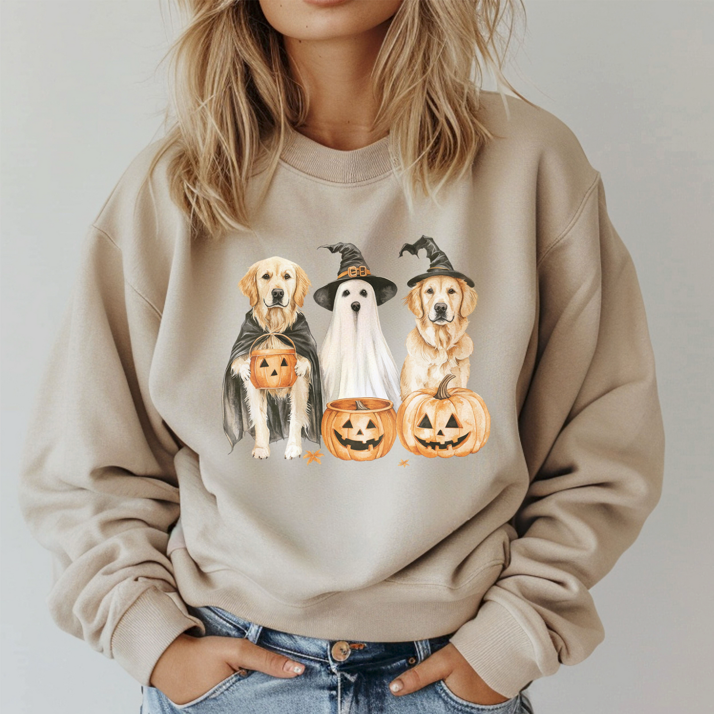 Beige sweatshirt with Halloween-themed dog graphics worn by a person.